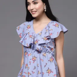 Oomph! Floral Printed Flutter Sleeves Ruffled Peplum Top image 4