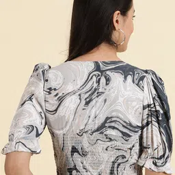 SHOWOFF Abstract Printed Smocked Crepe Crop Cinched Waist Top image 4