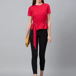 Globus Women Solid Red Chambray Top image 5