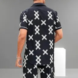 nandani store Men Top & Shorts Set Black Geometric Print, Printed image 2