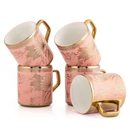 CLAY CRAFT White & Pink 6 Pieces Floral Printed Ceramic Glossy Cups 200 ml Each image 2