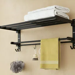 grivan Rust-Free Foldable Towel Holder | Bathroom Hanger With Hooks & Shelf Black Matte Towel Holder image 1