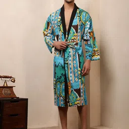 ravaiyaa - attitude is everything Turquoise Ikat Free Size Bath Robe-picture-17