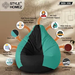 style homez XXL Premium Leatherette Classic Black Teal Color Teardrop Bean Bag With Bean Filling image 4