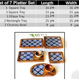 indian artisans MANGO WOOD PLATTER SET OF 5 PLATTERS AND 2 BOWLS/ BLUE MOTIF/SERVING TRAY Tray, Chip & Dip Tray, Bowl Serving Set image 4