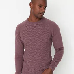 Trendyol Men Mauve Self Design Pullover Acrylic Sweater-picture-17