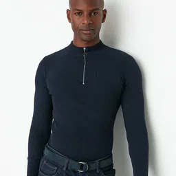 Trendyol Men Navy Blue Ribbed Pullover-image-31