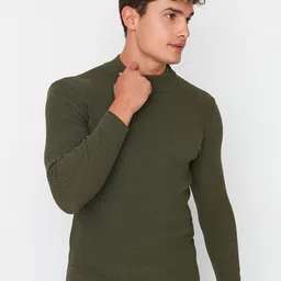 Trendyol Men Olive Green Ribbed Pullover-image-61
