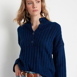 Trendyol Women Navy Blue Self Design Pullover With Button Detail-picture-27