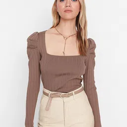 Trendyol Women Brown Ribbed Pullover-image-15