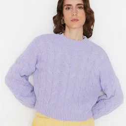 Trendyol Women Violet Cable Knit Pullover-image-1