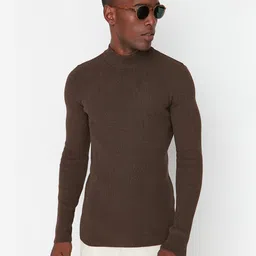 Trendyol Men Brown Ribbed Turtle Neck Pullover Sweater-picture-5