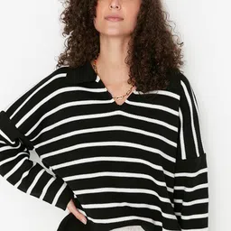 Trendyol Women Black & White Striped Pullover-picture-15