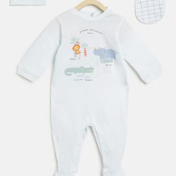 Chicco Boys Blue Printed Babysuit Bib & Hat Gift Set-picture-31