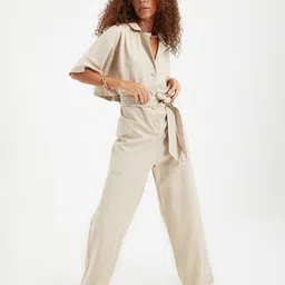 Trendyol Women Taupe Solid Pure Cotton Co-Ords-image-10