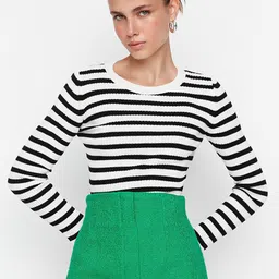 Trendyol Women Off White & Black Striped Acrylic Pullover-picture-38
