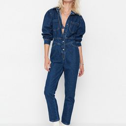 Trendyol Navy Blue Pure Cotton Solid Denim Basic Jumpsuit-picture-26