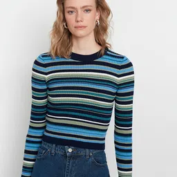 Trendyol Women Navy Blue & Blue Striped Ribbed Acrylic Pullover-image-21