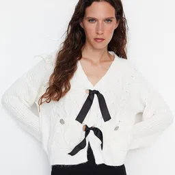 Trendyol Women Off White & Black Cable Knit Cardigan with Embellished Detail-picture-29