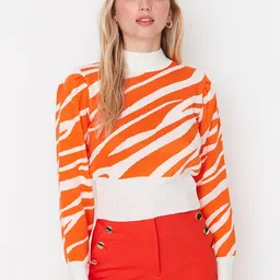 Trendyol Women White & Orange Animal Acrylic Printed Pullover-picture-19