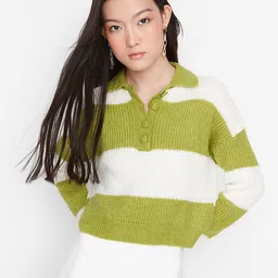 Trendyol Women Green & Off White Striped Pullover-picture-17