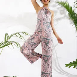 KASSUALLY Pink & Grey Halter Neck Ethnic Motifs Printed Basic Jumpsuit-picture-22