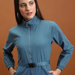 Tokyo Talkies Blue Mock Collar Cotton Basic Jumpsuit With Belt-picture-47