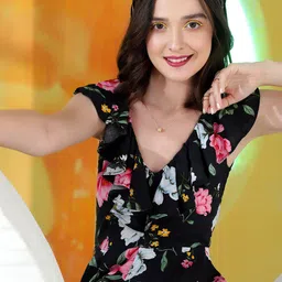 KASSUALLY Black And Pink Floral Printed Ruffled Sleeveless Pure Cotton Basic Jumpsuit image 2