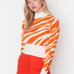 Trendyol Women White & Orange Animal Acrylic Printed Pullover image 3