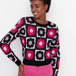 Trendyol Women Black & Pink Floral Printed Pullover image 3