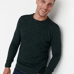 Trendyol Men Green Acrylic Self Design Open Knit Pullover image 2