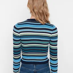 Trendyol Women Navy Blue & Blue Striped Ribbed Acrylic Pullover image 5