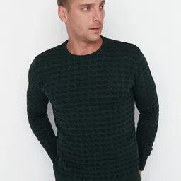 Trendyol Men Green Acrylic Self Design Open Knit Pullover image 5