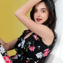 KASSUALLY Black And Pink Floral Printed Ruffled Sleeveless Pure Cotton Basic Jumpsuit image 4