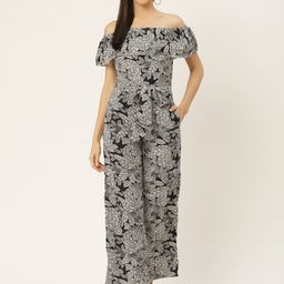 Belle Fille Women Black & White Leaf Print Cotton Basic Off-Shoulder Jumpsuit-picture-34