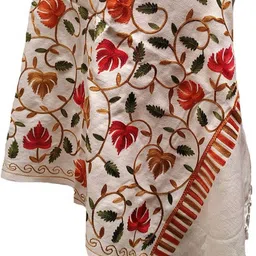 Embroidered Wool Blend Women White Stole-image-0