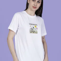 star fox Women Printed Round Neck Pure Cotton White T-Shirt image 4