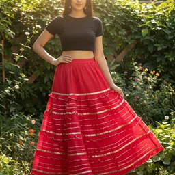 Women Striped Flared Red Skirt-image-0
