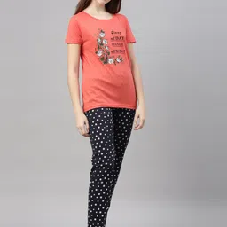 Kryptic Women Coral & Black Printed Pure Cotton Night suit-picture-15