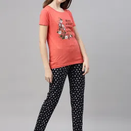 Kryptic Women Coral & Black Printed Pure Cotton Night suit image 3