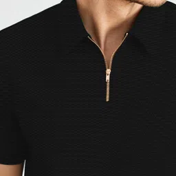 kajaru Men Self Design Zip Neck Polyester Black T-Shirt image 5