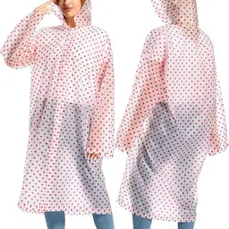 krystle Women EVA Transparent Rain Coat Hooded Outdoor Water Resistant Portable Raincoat Suit (Dot Print) (1Pc) (Universal, Red) (Multisize) image 3
