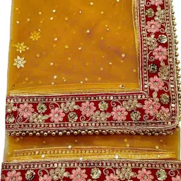manpreet fashion Net Embroidered Yellow Women Dupatta image 4