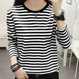smart colors Women Striped Round Neck Cotton Blend Black T-Shirt-picture-31