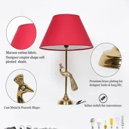 kapoor lampshades Torre Brass Finish Aluminium Table Lamp with Maroon Cotton Shade image 5