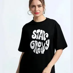 mee shop Women Printed Round Neck Cotton Blend Black T-Shirt-picture-30