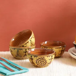vareesha Warli 200ml Mustard & Brown Ceramic (Set of 4) Dinner Bowl image 1