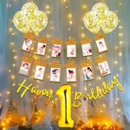 wisdom decor 1st Birthday Decoration Kit for Baby Boy or Girl Warm Led Light Set Happy Birthday Foil Banner,1 To 12 Month Photo Banner, Confetti Balloons for Kids Birthday Party Decoration-picture-12