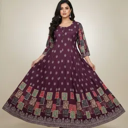geet fashion Graphic Print Silk Blend Stitched Anarkali Gown-picture-24