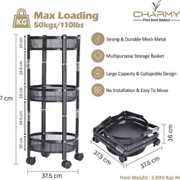 Charmy 3-Tier Collapsible Mesh Metal Trolley | Multipurpose Storage with Wheels Steel Fruit & Vegetable Basket image 3